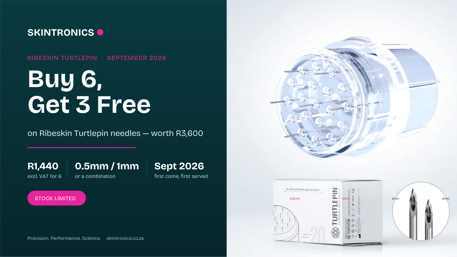 Ribeskin Turtlepin September 2026 offer. Buy six, get three free, worth R3,600. R1,440 excluding VAT for six. Needle depths 0.5mm or 1mm. Stock limited.